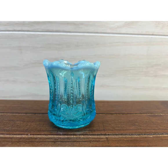 Antique Jefferson Blue Opalescent Glass Iris and Meander Toothpick Holder - Picture 3 of 5